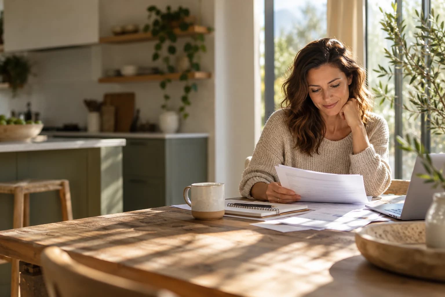 A person reviewing household finances at a sunlit kitchen table